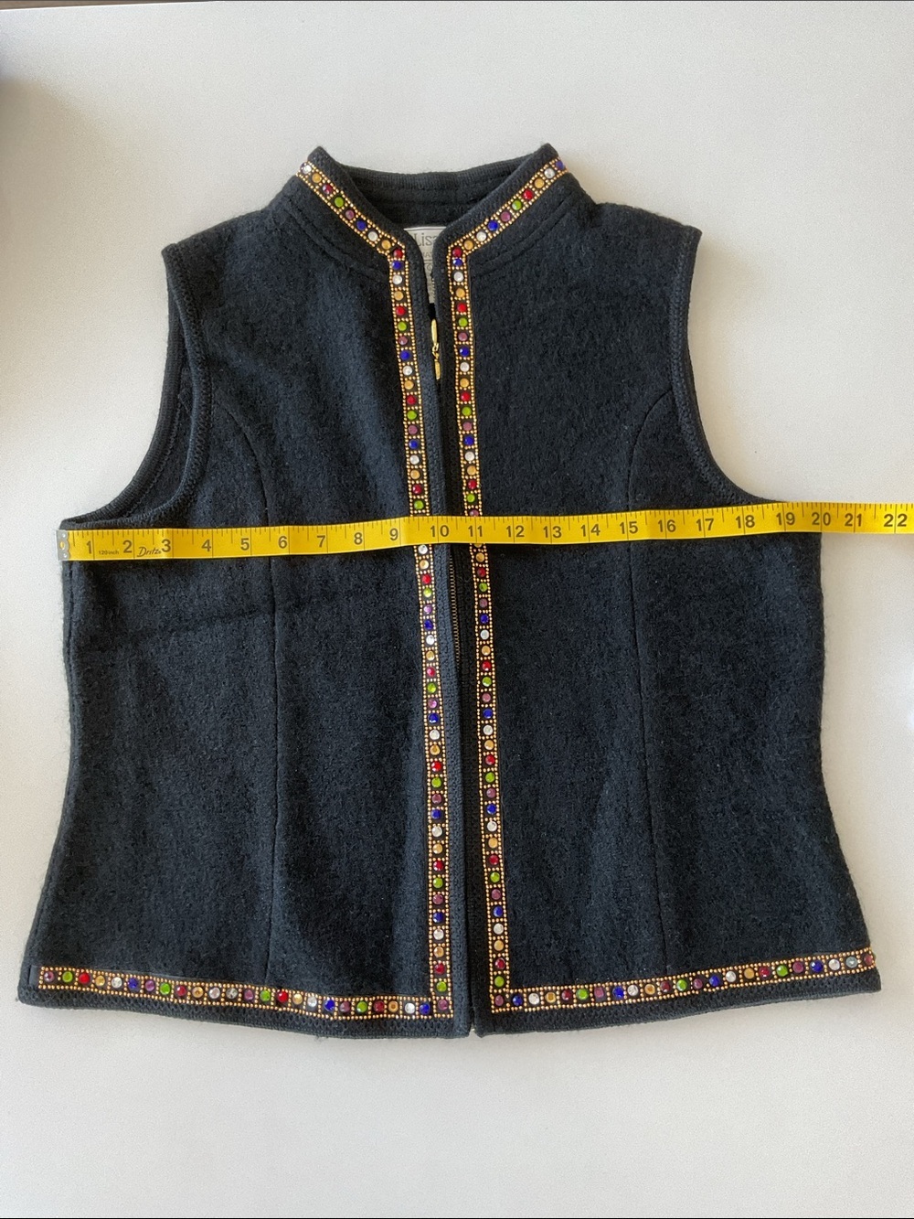 Lisa International Black Wool Zip Vest with Multicolor Jewel Trim • Large - Picture 5 of 6